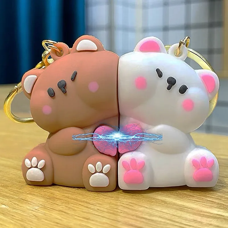 1/2Pcs Magnetic Bear Keychain Couple Cartoon Brown Bear Pendant