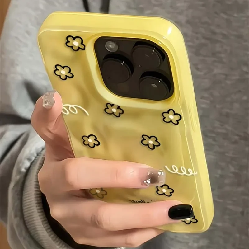 Charming Yellow Floral Cartoon Soft Phone Case with Textured Pink and White Details