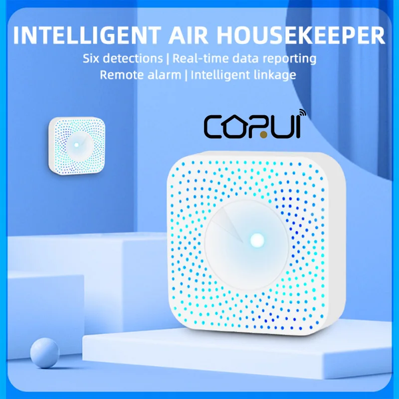 

CoRui 6 In 1 Tuya WiFi Air Butler/VOC/CO2/Temperature/Intelligent Sensor/PM2.5 Detection Home Security Temperature Sensor