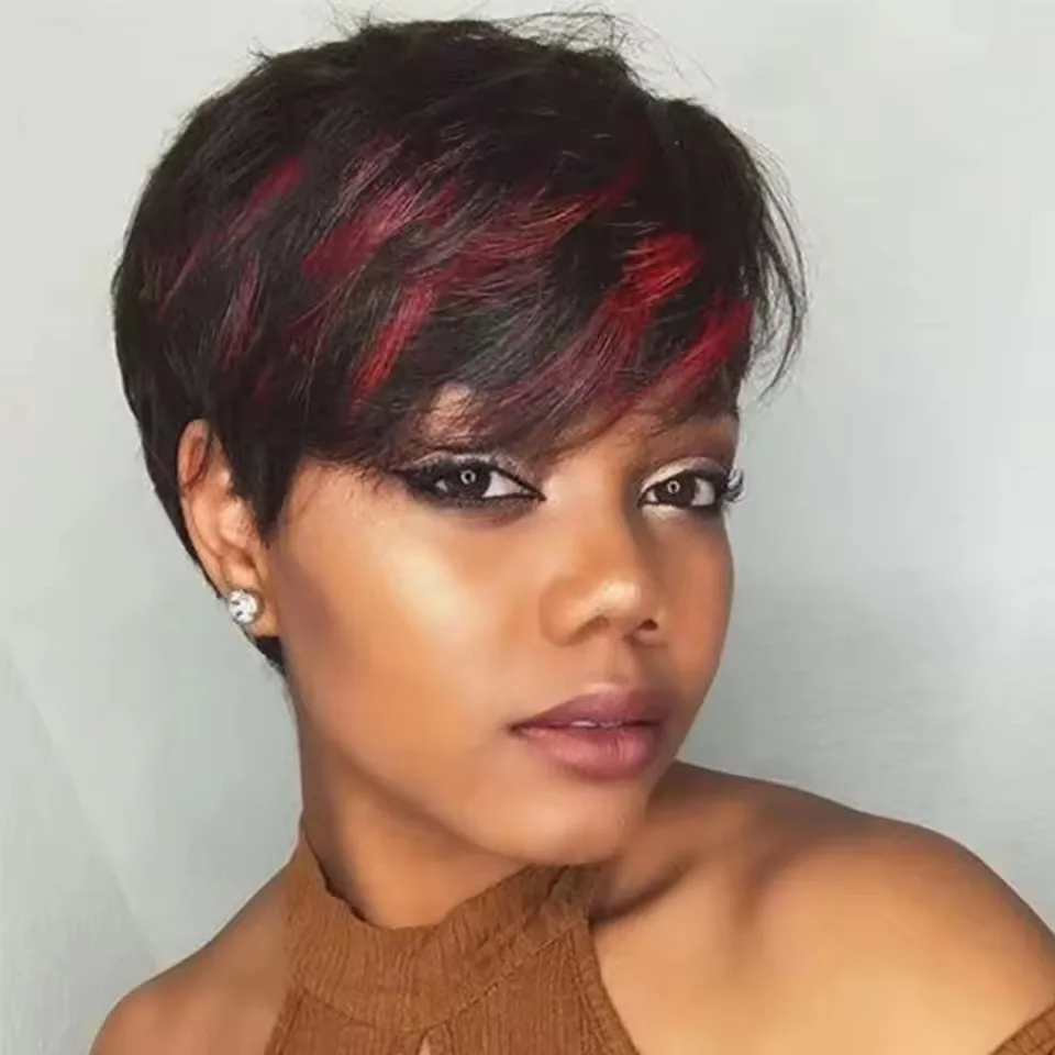 Pixie Cut Wigs for Women Black Burgundy Short Layered Pixie Cut Human Hair Wigs With Bangs Glueless Brazilian Virgin Human Hair