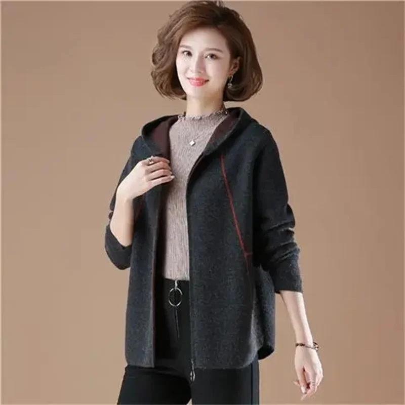 중년 어머니 니트 가디건 스웨터, 우아한 짧은 지퍼 스웨터 코트, 여성 캐주얼 후드 니트웨어, 여성 상의, 신상