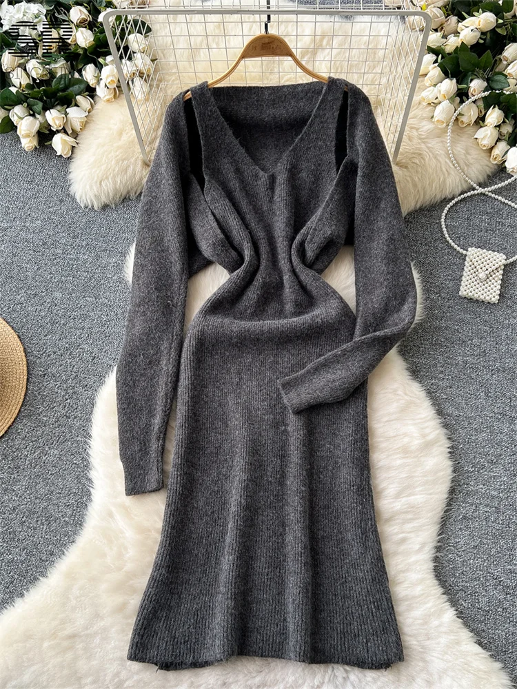 SINGREINY Winter Gentle Thick Dress Sets Women Long Sleeve Elastic Cardigan+Solid V Neck Dress Women Sexy Knitting Suits