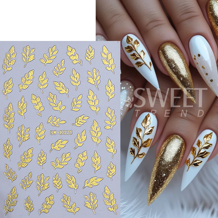 2pcs Metal Simple Leaf Nail Stickers 3D Metallic Gold Leaf Mirror Design Holographic Charm Nail Decals DIY Manicure Decoration
