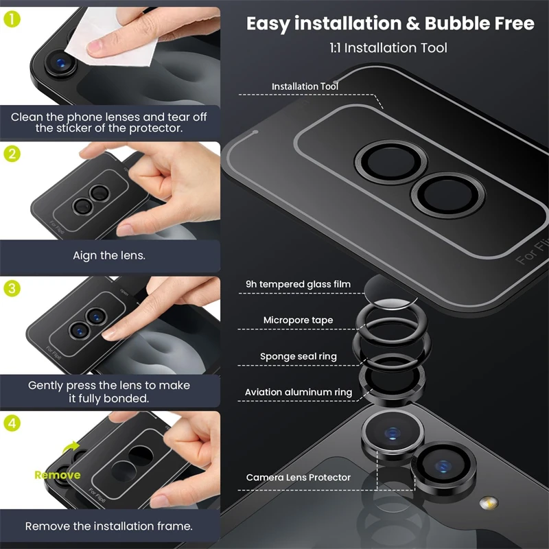 Premium Metal Camera Lens Protector with Tempered Glass Screen Film - Full Coverage for Samsung Galaxy Z Flip Series