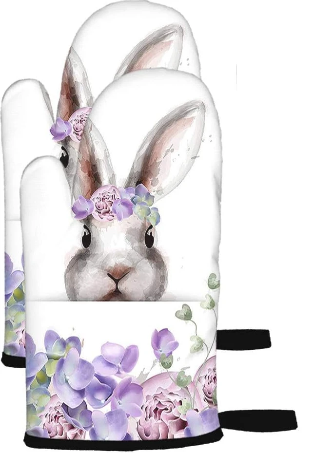 Floral Rabbit Oven Mitts Set of 2 Bunny Cute Animal with Floral Wreath Watercolor Flowers Kitchen Heat Resistant Gloves Pad BBQ