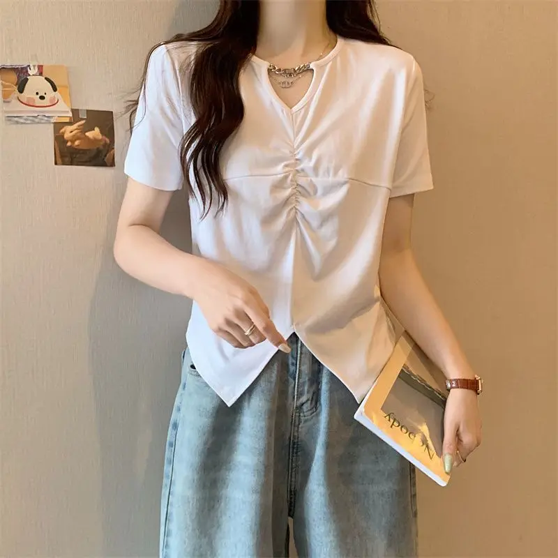 

Round Neck Skinny Asymmetrical Short Sleeve Solid T-Shirts Sweet Pullovers Fashion Casual Streetwear New Women's Clothing 2023