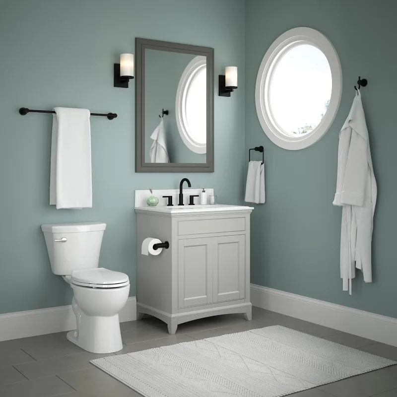 4-Piece Bath Hardware Set with 24-in Towel Bar, Toilet Paper Holder, Towel Ring, Hook in Matte Black