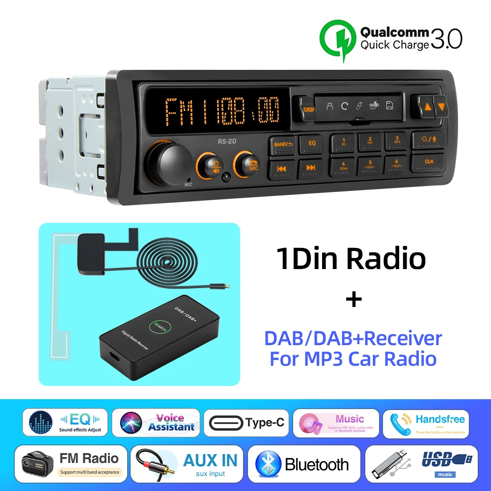Retro Car Radio 1DIN Stereo FM AM RDS DAB Receiver EQ Bluetooth MP3 Audio Player