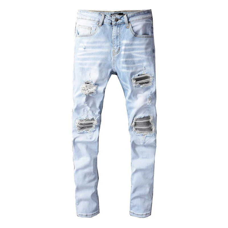 

High Quality Light Blue Stretch Distressed Slim Fit Scratched Destroyed Tie Dye Bandana Ribs Patchwork Skinny Ripped Jeans Men