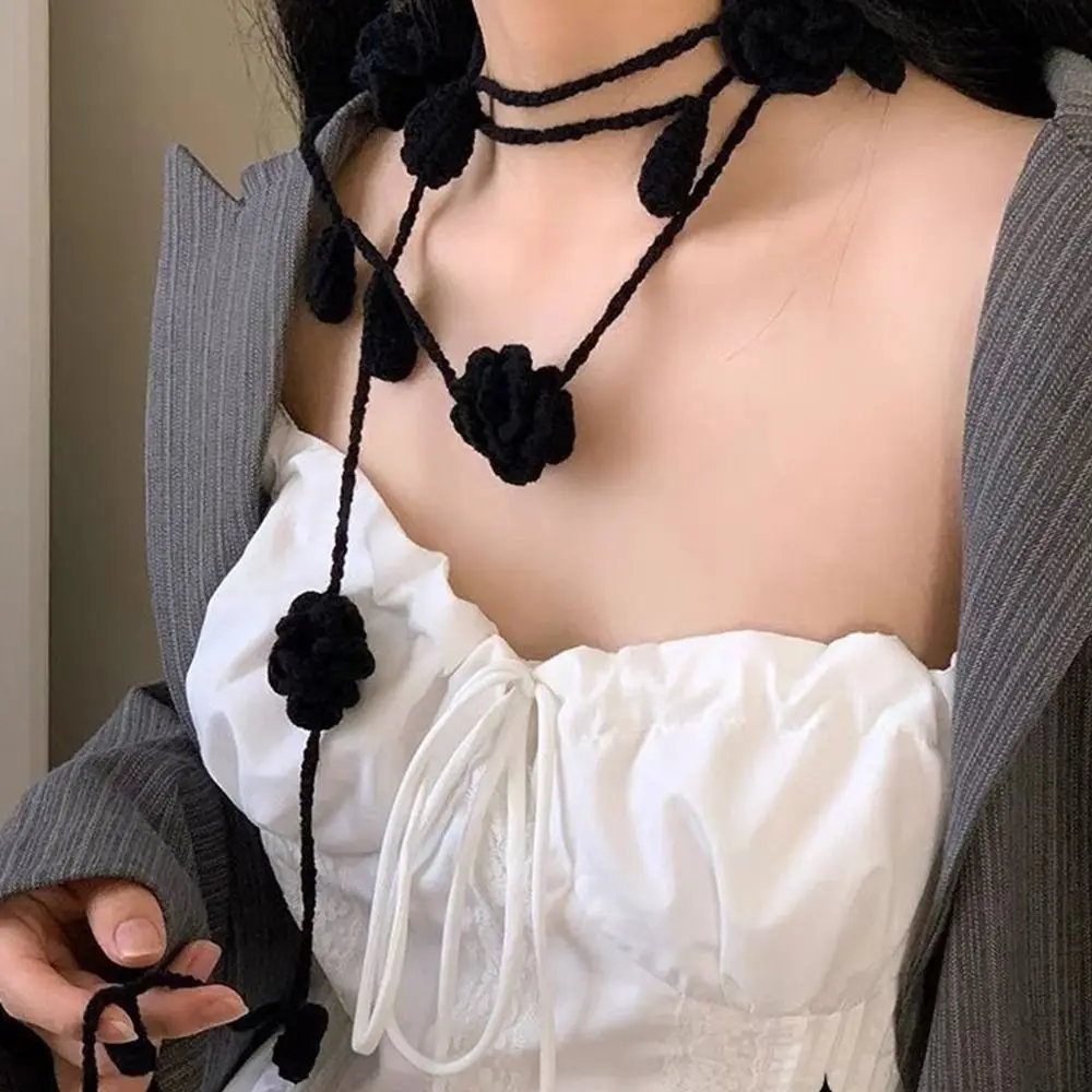 Creative Multicolor Y2k Rose Necklace Long Scarf Crocheting Rose Flower Neck Chain Decoration Accessories Rose Scarf Girl