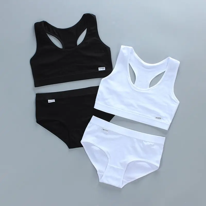 Training Bra Girls Training Bras Panties Kids Cotton Underwear Sets Teens Students Bra Vest and Panties Wireless Sports Bra 8-16Y
