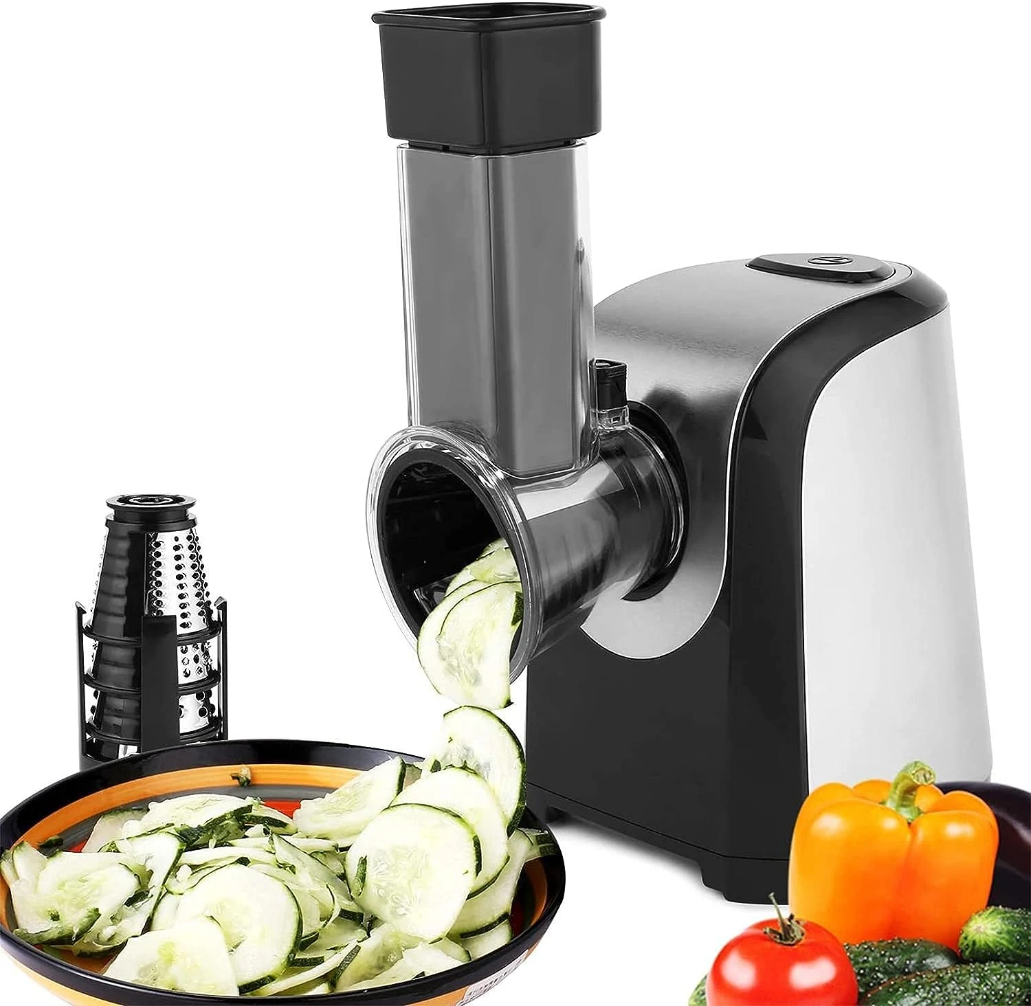 

Shredder Salad Shooter - 150W One-Touch Control Cheese Shredder, Fruits Vegetable Cutter Cheese Grater with 5 Attachments for Ho