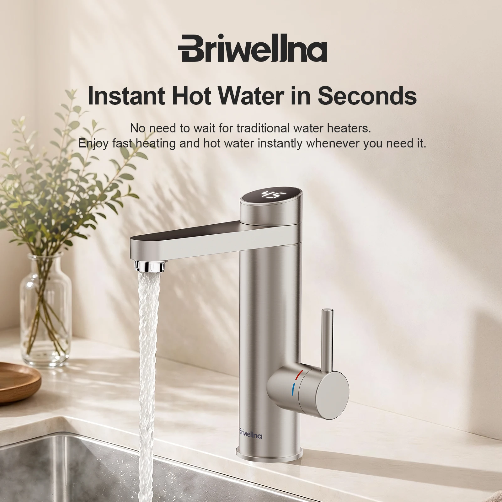 Briwellna Electric Water Heater Tap 220V Bathroom Faucet 120° Rotation Silver Tankless Water Heater Tap Stainless Steel Faucet 1