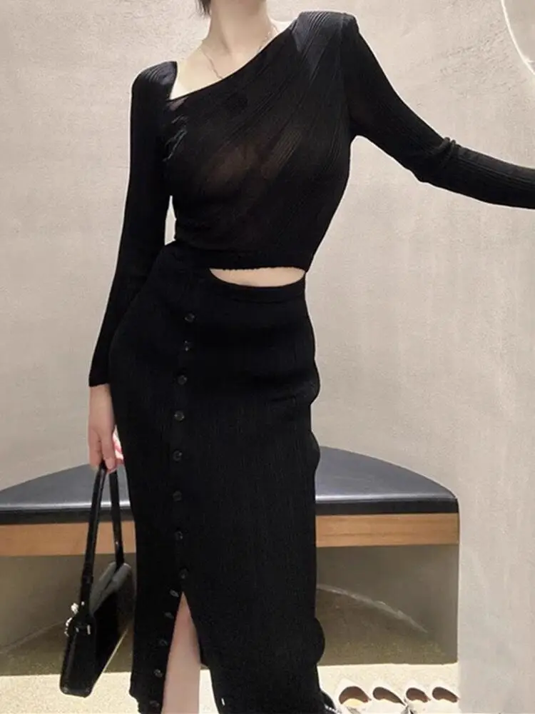 

Side Slit Dress for Women Waist Hollow Out Irregular Sloping Shoulder Long Sleeve Elegant Knitted Midi Robe