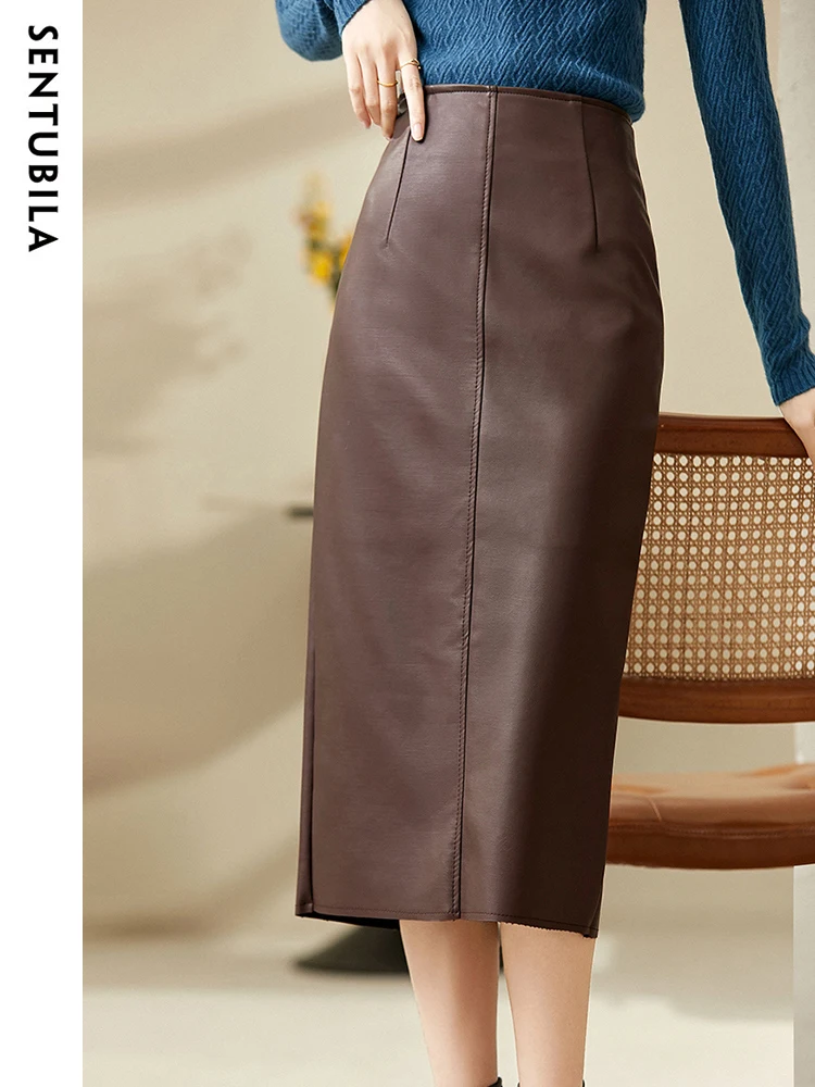 SENTUBILA Pu Leather Straight Skirts for Women 2024 Spring Autumn Slit Midi Lady Zipper Maillard Skirt Woman Clothing 123Q44003