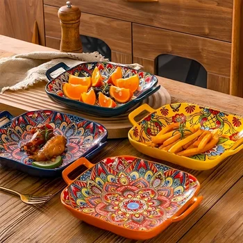 Bohemian double ear square ceramic plate creative household dish plate net red fruit spaghetti plate oven microwave oven-9inch