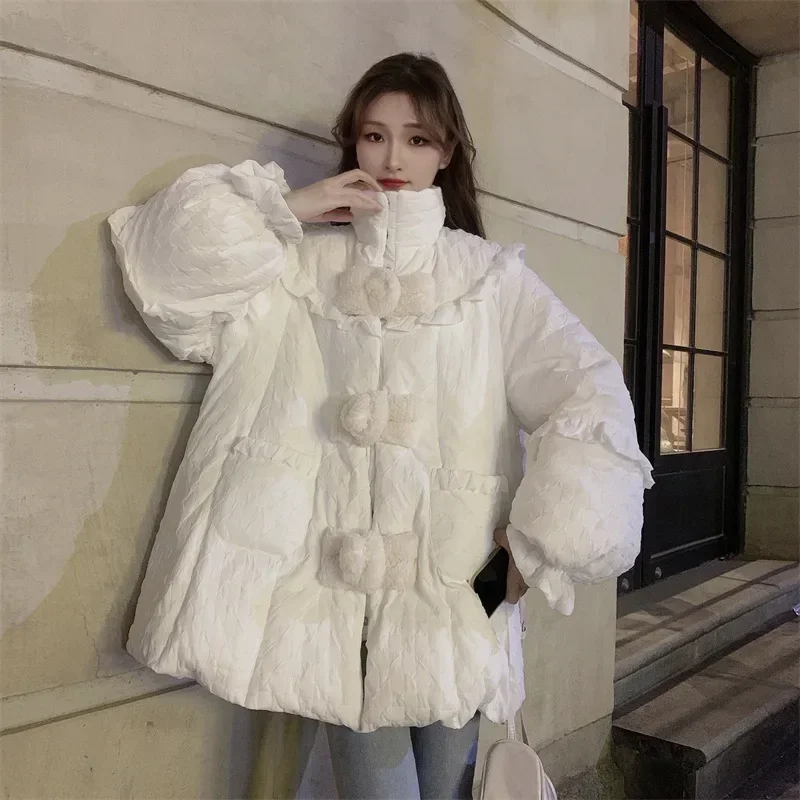 

2023 New Winter Design Feeling Down Cotton Coat Women's Winter Button Loose Cotton Coat Coat Thickened White Cotton