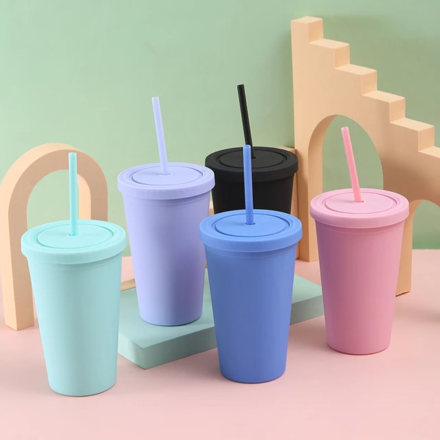 1pc Plain Portable Tumbler, Black Simple Straight Straw Cup For