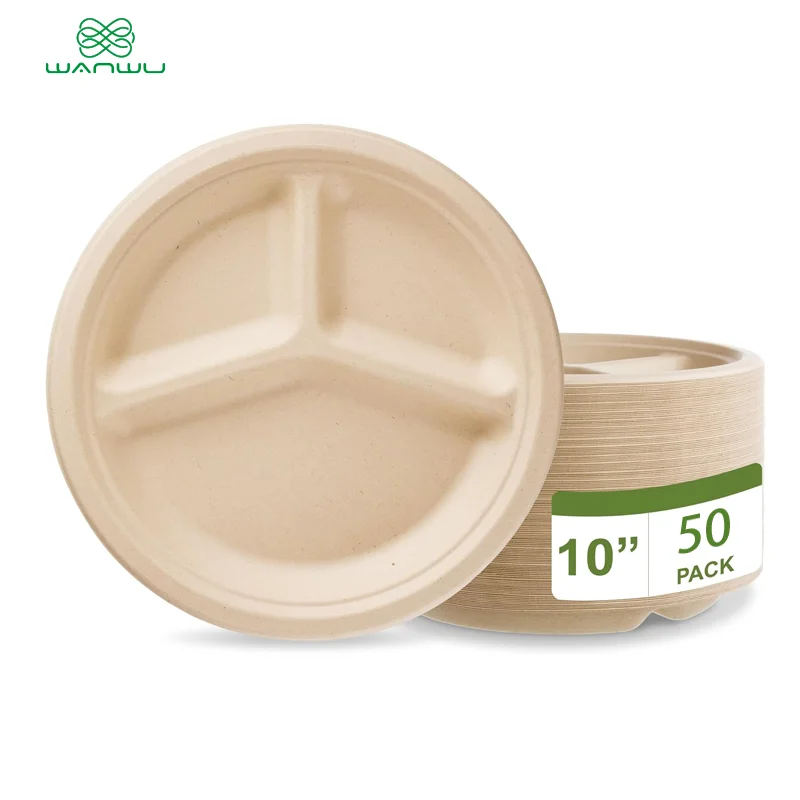 50 pcs 10 inch disposable paper plates, round with 3 compartments, made of eco-friendly plant fiber