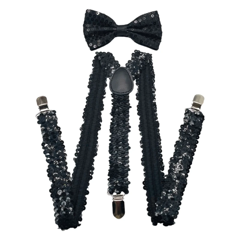 Men's Suspenders Tuxedo Necktie with Metal Clip Popular Shimmering Party Sequined Suspenders Brace for Various Occasion