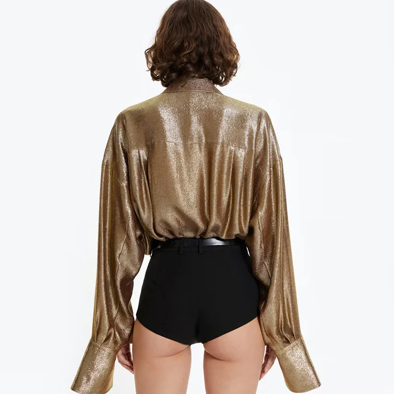 BPN Fashion Party Playsuit For Women Lapel Long Sleeve High Waist Hit Color Streetwear Slimming Playsuits Female Fashion Clothes