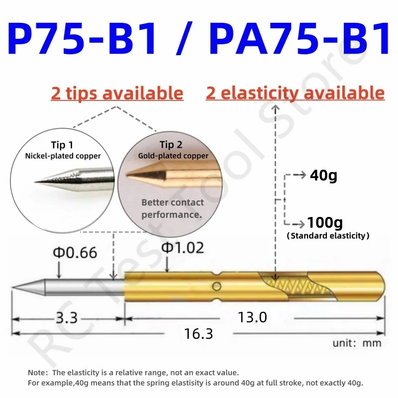 

20/100PCS P75-B1 Spring Test Probe P75-B Test Pin PA75-B PA75-B1 Test Tool 16.3mm Dia 1.02mm Needle Tip Dia 0.66mm Pogo Pin