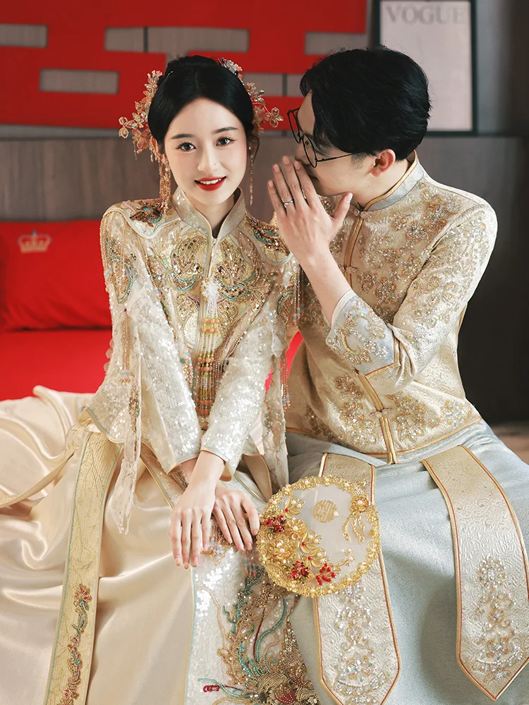 

Lovers Wedding Dress Sparkly Sequins Dragon Phoenix Embroidery Cheongsam Chinese Style Beaded Tassel Qipao китайская одежда