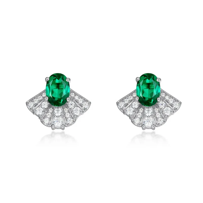 

KQDANCE 925 Sterling Silver 5*7mm Oval Cut Lab Emerald High Carbon Diamond Fan-shaped Earrings Fine Jewelry Anniversary Gift