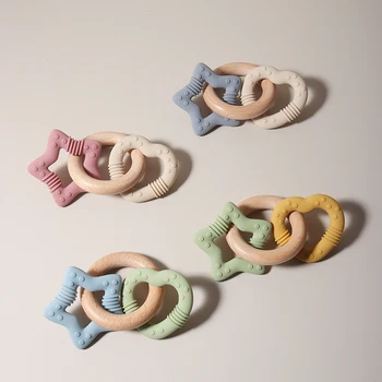 silicone star and heart teether with teething wooden ring baby rattle toy 1