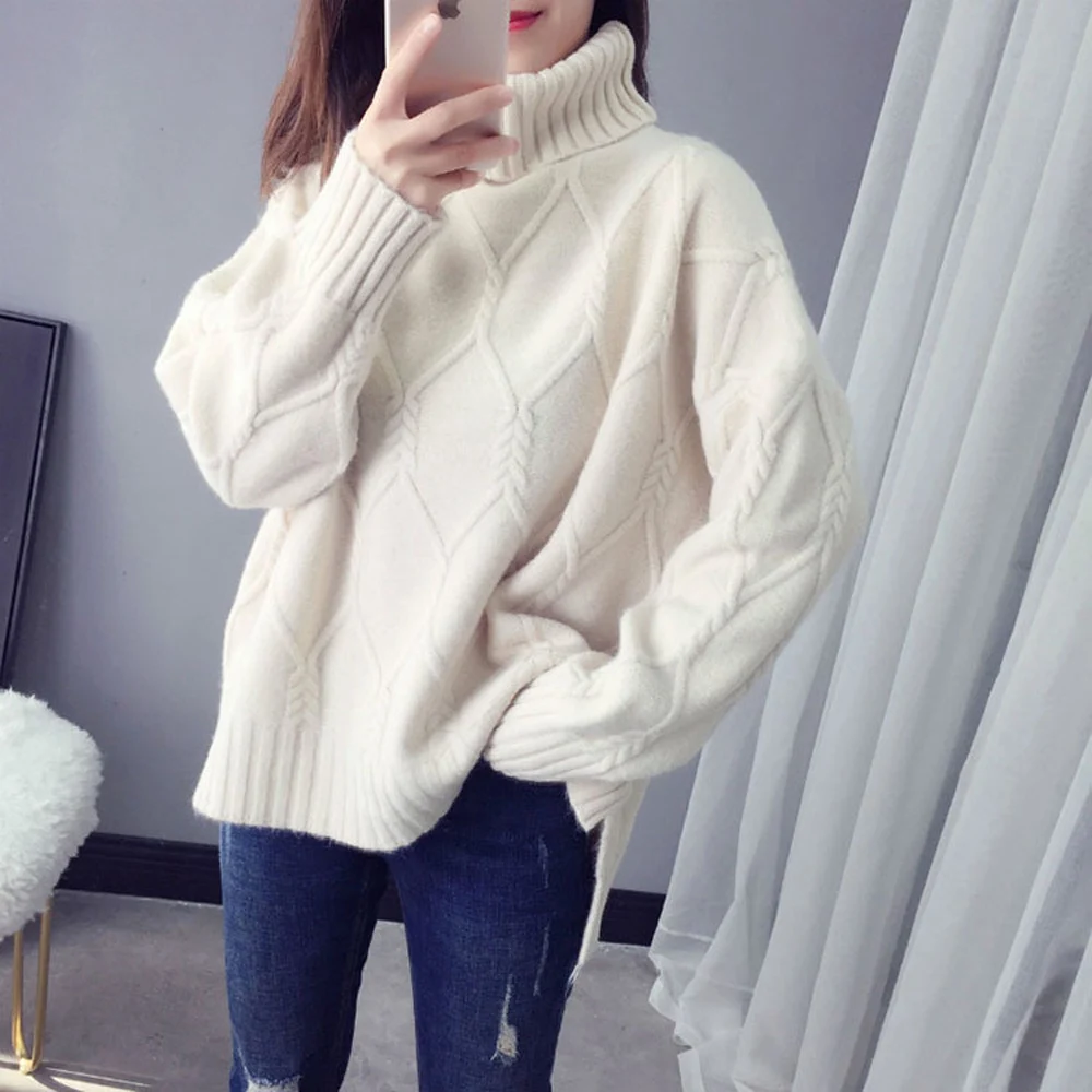 Women Geometrical Knitted Sweater Casual Turtleneck Pullover