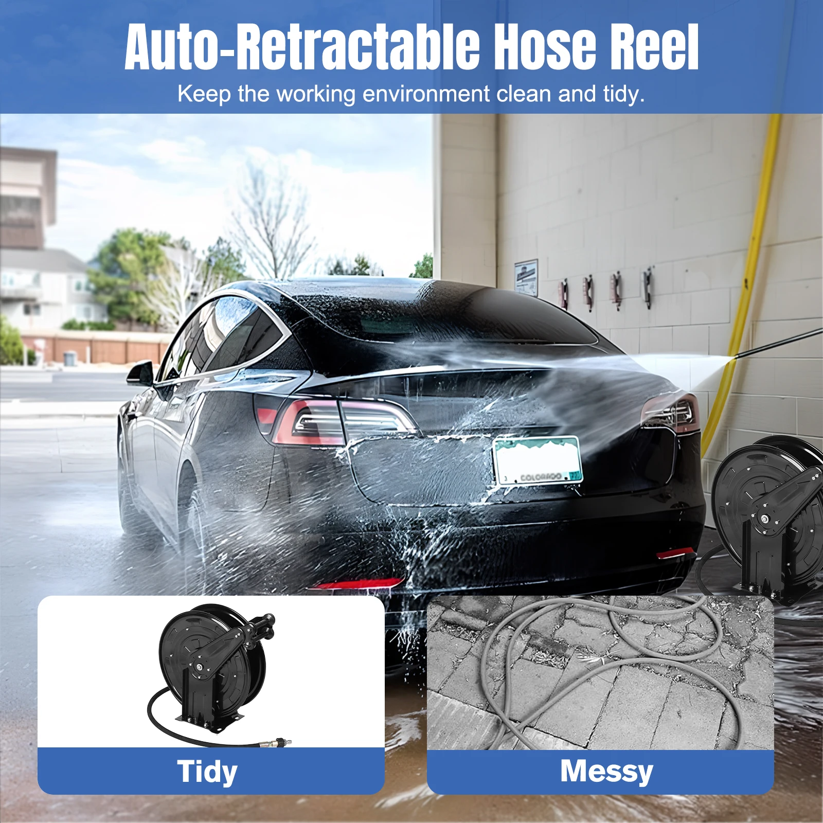 Pressure Washer Hose Reel Retractable Pressure Washer Reel Auto Rewind Power Washer Hose Reel for Water/Air/Oil 4000 PSI