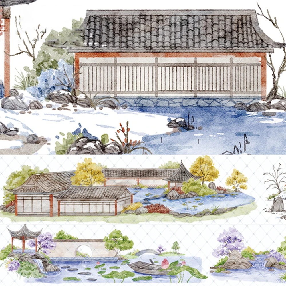 Spring Sakura PET Tape Decorative Masking Tape City Aesthetic Collage Landscape Stickers Scrapbooking Journal Stationery 2M/Roll