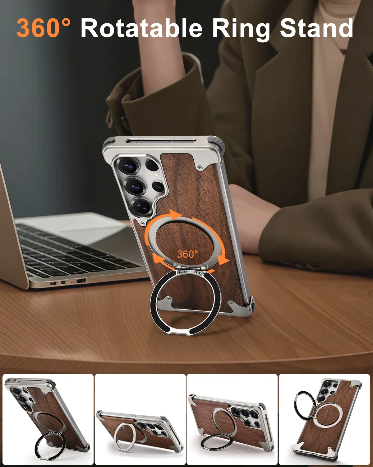 Eary for Samsung Galaxy S25 S24 Ultra Wooden Case With 360 Rotate Magnetic Stand Magsafe Frameless Shockproof Cover Phone Shells