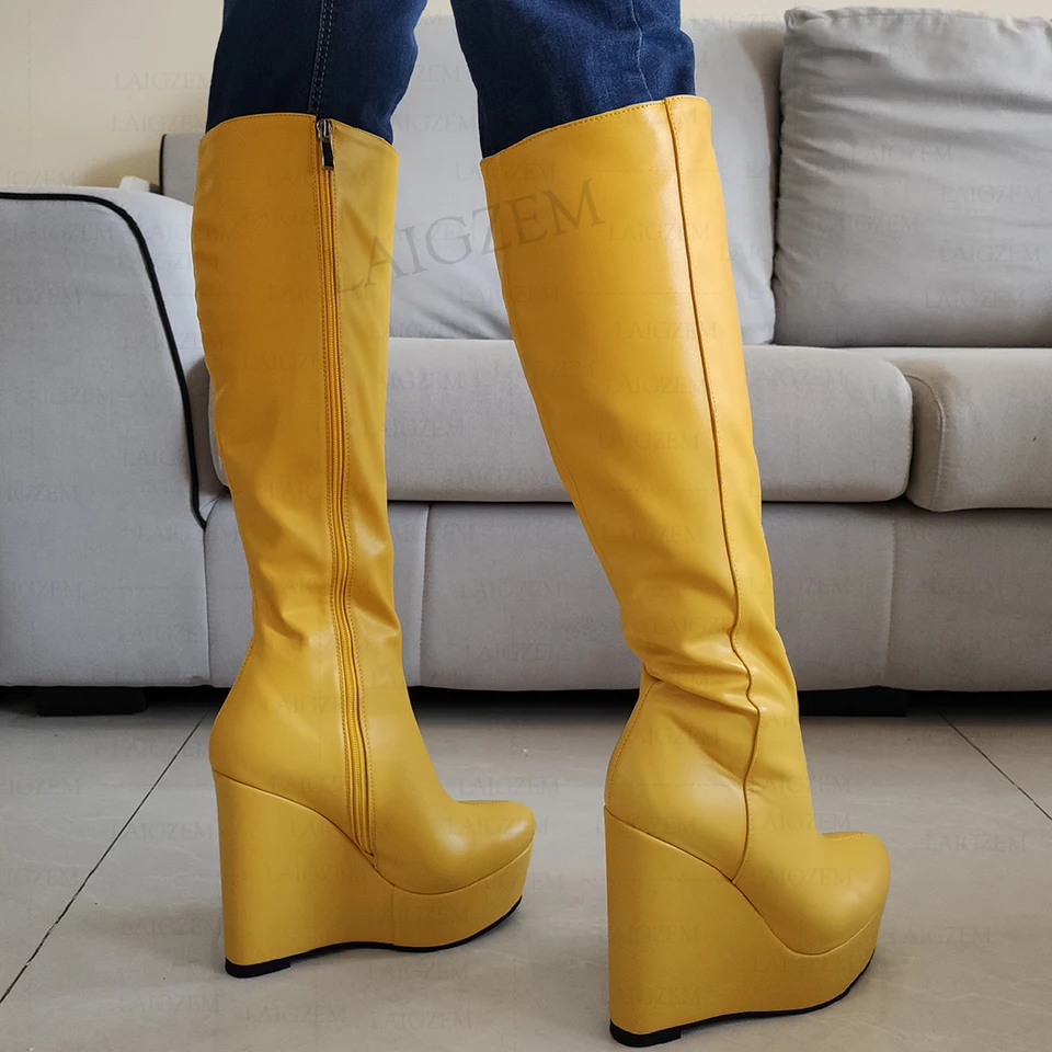 LAIGZEM Women Knee High Boots Platform Wedges Zip Up Round