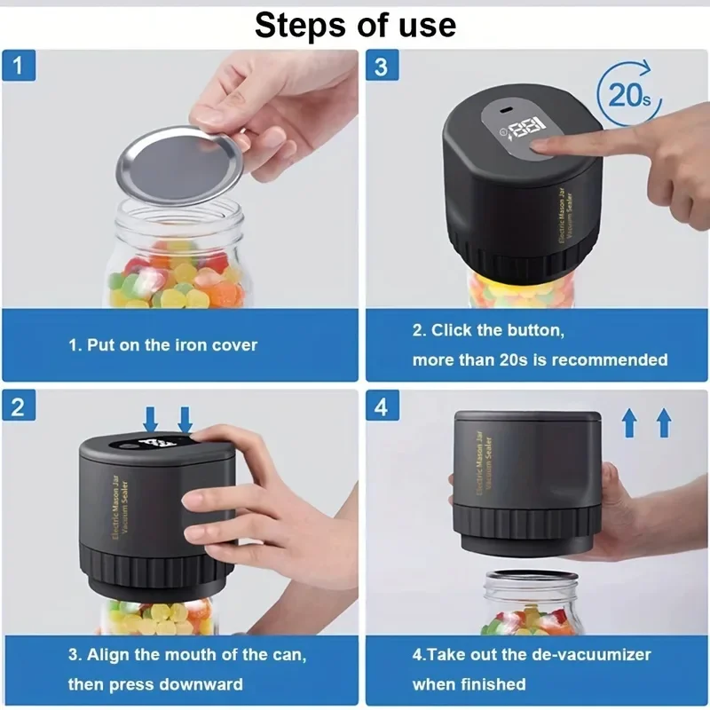 Electric Mason Jar Vacuum Sealer Kit, Cordless, for Mason Jars Wide Mouth Fermentation with Mason 4