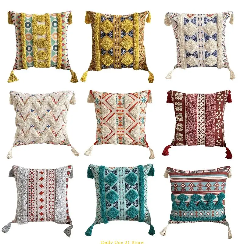 

Boho Tufted Tassel Throw Pillow Cover Cotton Square Pillowcase Covers for Home Bedroom Office Bed Sofa Decor