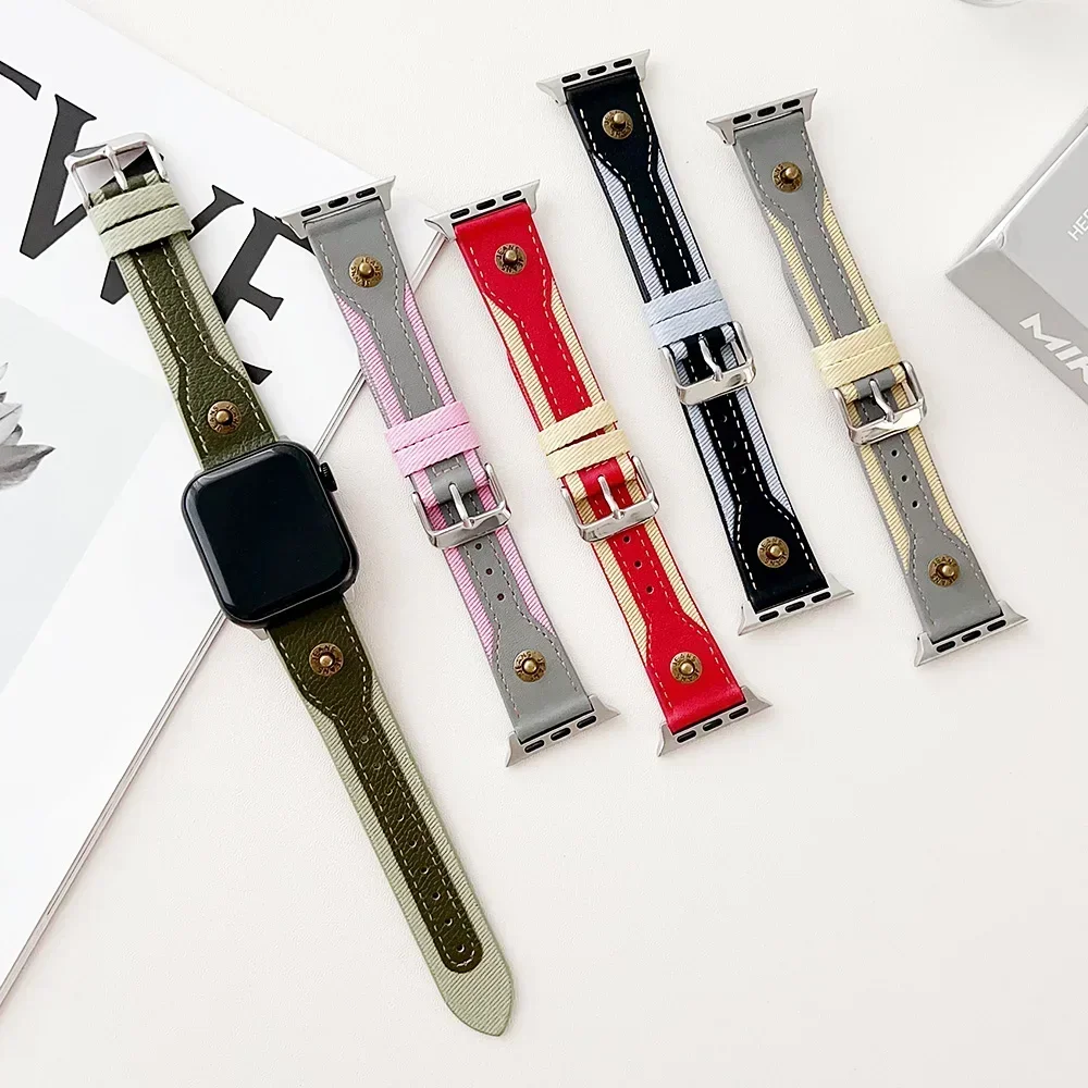 애플 워치용 청바지 리벳 가죽 밴드, 데님 가죽 컬러 매칭 팔찌, iWatch9 4 5 6SE 스트랩, Ultra2 1, 49mm, 45mm, 41mm