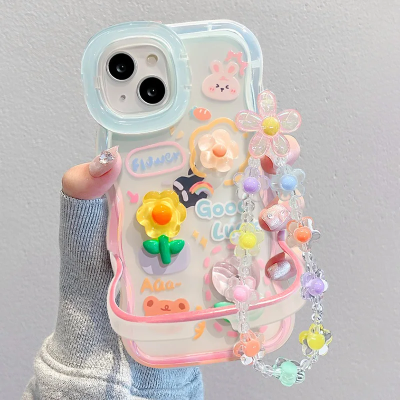 Flower Bracelet Chain Phone Holder Case For iPhone 16 17 15 14 13 12 11 Pro Max XS Max XR 3D Frog Rabbit Bracket Stand Cover 3