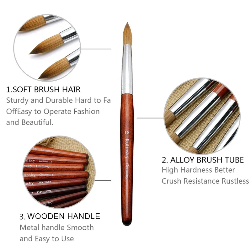 Kolinsky Acrylic Nail Brush Red Nail Art Mink Brush Wood Handle Gel Builder Manicure Brush Drawing Tools Size 8-24 for Beginner 5