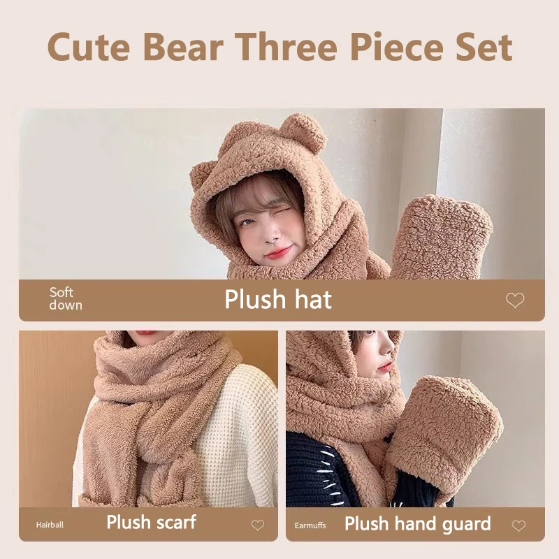 Windproof winter hat cute bear ear hat scarf gloves set for women