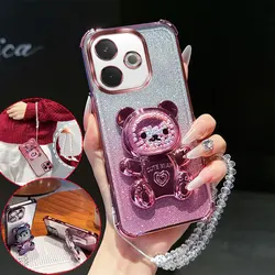 Shockproof Glitter Phone Case with 3D Bear Stand and Crystal Chain Lanyard - Oppo A5 Pro 4G (Pink)
