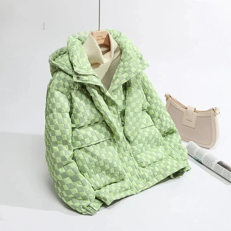 

2022 New Down Jacket Women's Hooded Short Checkerboard Korean Version Loose Thick Fashion White Duck Down Warm Coats Female