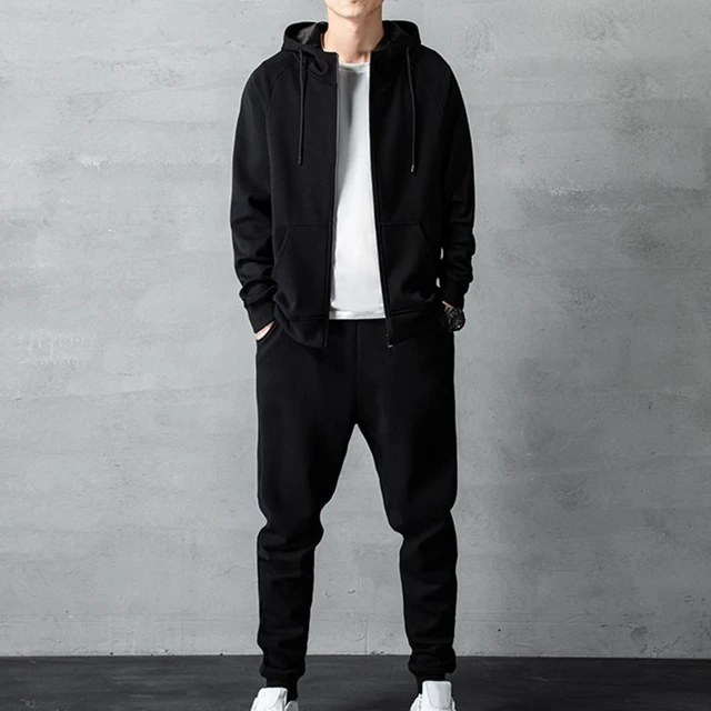 Zipper Hoodie Sweat Jacket & Sweat Pants Set - BLACK / M