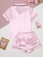 Satin Silk Women Pajamas Set Short-Sleeved Student Homewear Two-Piece Cardigan Lapel Senior Sense of Pink Striped Large Size - Image 4