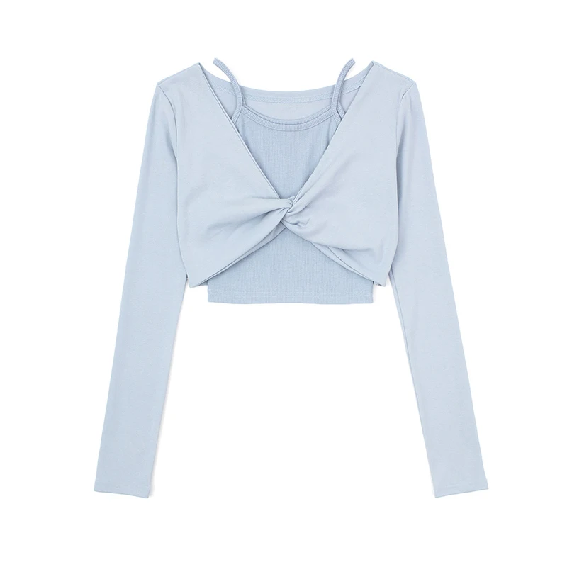 

Patchwork Ruched T-Shirt for Female Square Collar 2021 New Long Sleeve High Waist Slimming Cropped Women's T Shirt Spring Tide