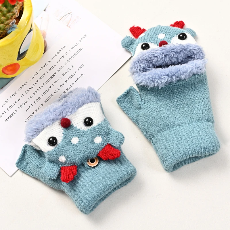 Children Winter Gloves Christmas Cartoon Elk Flip Half-Finger Mittens For Girl Boy Kids Warm Plush Lined Fingerless Glove 5