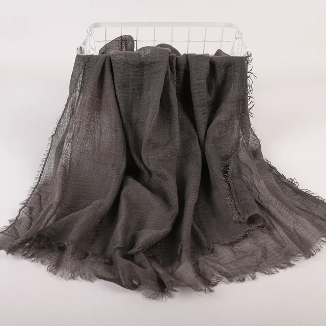 hijab Bandeau voile froissé en coton pour femme, écharpe longue de couleur unie