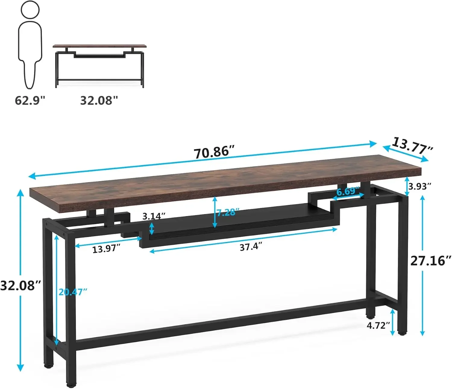 70 inch Sofa Table, Narrow Long Console Table with 2 Tiers, Industiral TV Console Behind Couch Table with Storage for Entryway, 5