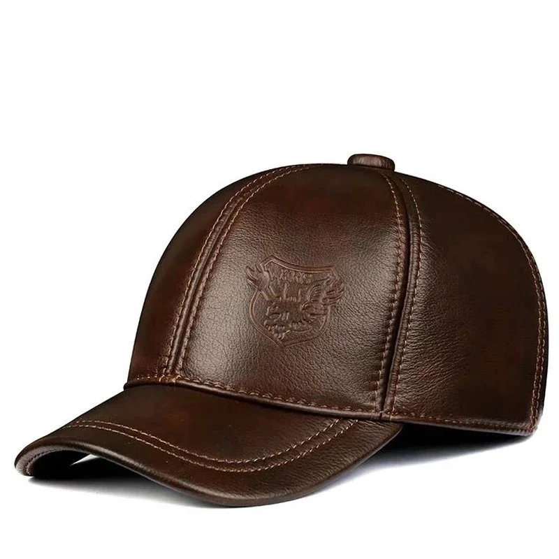 

New 2023 Winter Man Genuine Leather Baseball Caps Male Casual Cowhide Belt Ear Warm 56-60 Adjustable Sprot Flight Hats