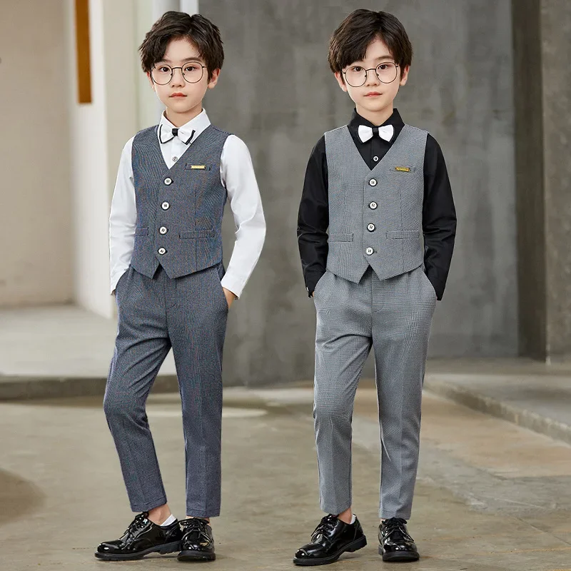 Gray Formal Baby Boy Suits Elegant Children School Uniform Gentleman New Year Kids Clothes Dresses Boy Wedding Outfits